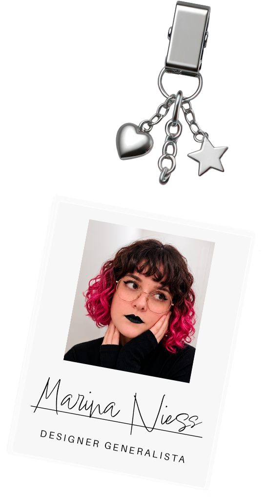 Crachá de Marina Niess, designer generalista, com retrato e assinatura